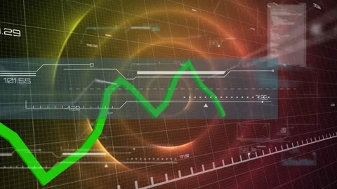 Animation of abstract pattern with line graph and numbers over illuminated 스톡 동영상 229433508