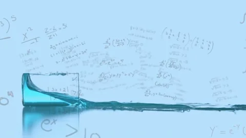 Animation of abstract pattern, math equations over liquid spilled from falling Stock Footage 221007585