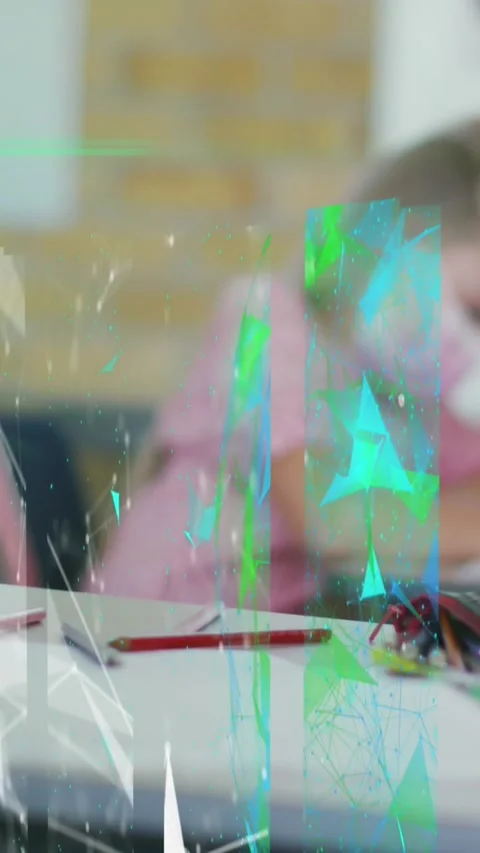 Animation of abstract pattern, nucleotides, multiracial students wearing mask 库存影片 322084629