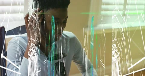 Animation of abstract pattern over african american woman wearing headphone and Stock Footage 221520233