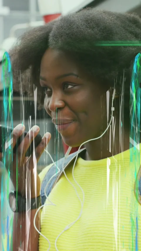 Animation of abstract pattern over african american woman talking on phone Stock Footage 343779265