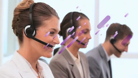 Animation of abstract pattern over caucasian customer representatives talking Stock Footage 327713245