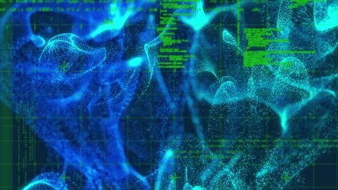 Animation of abstract pattern over grid pattern against computer language on Stock Footage 329710736