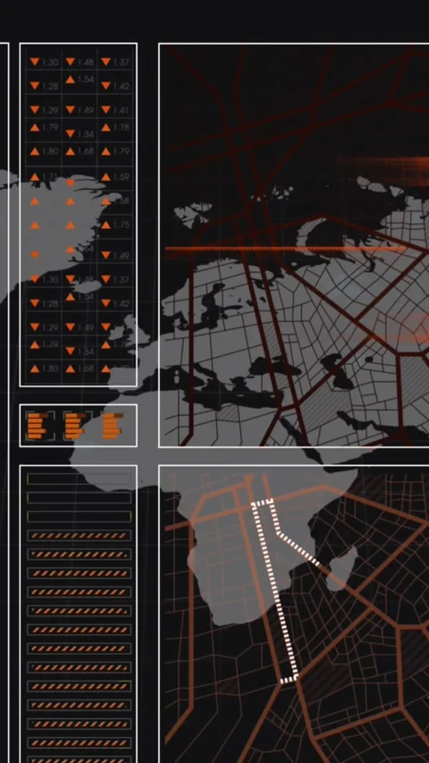 Animation of abstract pattern over navigation pattern against map in background Stock Footage 321991244