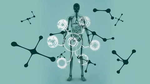Animation of abstract pattern over nucleotides and human skeleton against blue Stock Footage 328648353