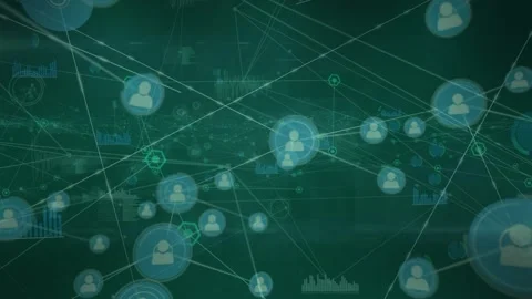 Animation of abstract pattern over profile and graph icons connected with lines Stock Footage 216829486