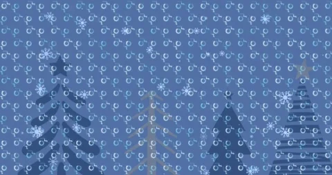 Animation of abstract pattern over snowflakes falling on christmas tree icons on Stock Footage 330338643