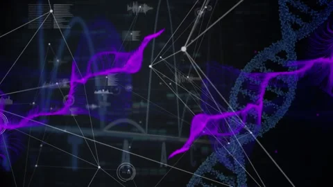 Animation of abstract pattern with soundwave, bar graphs and dna helix over Stock Footage 328711677