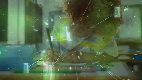 Animation of abstract pattern zooming over boy drawing with color pencil in 库存影片 325961427