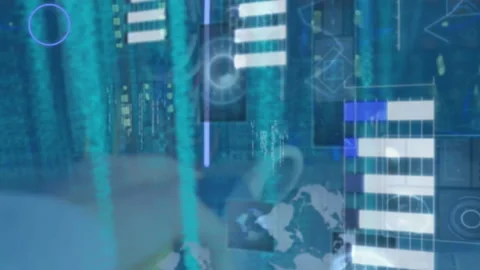 Animation of abstract shapes and data processing over mid section of engineer Stock Footage 312548316
