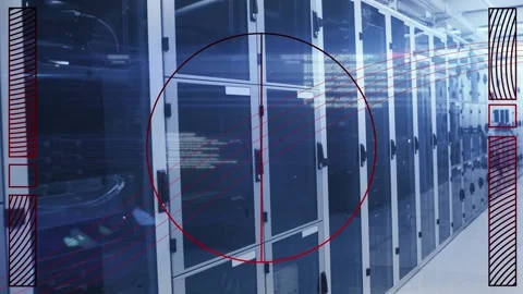 Animation of abstract shapes and data processing against computer server room Stock Footage 329698332