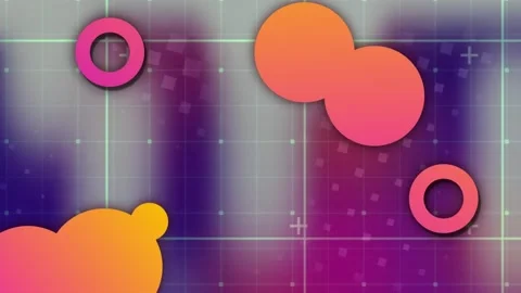 Animation of abstract shapes floating over grid network against purple gradient Stockbeeldmateriaal 254074910