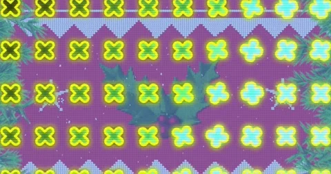 Animation of abstract shapes in seamless pattern and mistletoe over traditional Stock Footage 327586861