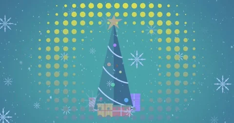 Animation of abstract shapes in seamless pattern against christmas tree and gift Stock Footage 330475262