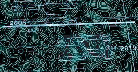 Animation of abstract topographic lines with digital data on dark background Video stock 304645538