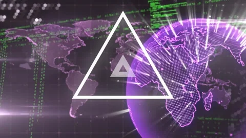 Animation of abstract triangular shape and data processing over spinning globe Stock Footage 328836169