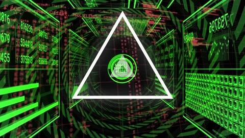 Animation of abstract triangular shape and data processing over green tunnel on Stock Footage 329364712