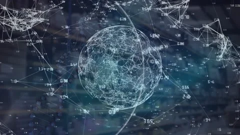 Animation of abstract triangular shape in seamless pattern and globe of network Stock Footage 208840770