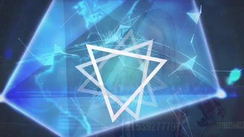 Animation of abstract triangular shape spinning and globe against caucasian Stock Footage 209226338