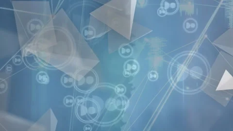 Animation of abstract triangular shapes and profile icons floating against Stock Footage 313002203