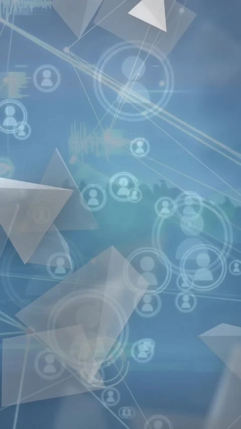 Animation of abstract triangular shapes and profile icons floating against Stock Footage 321171795