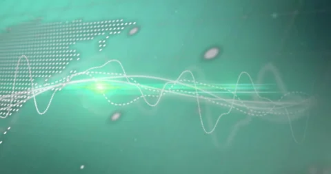 Animation of abstract waveforms and text over green background with dotted world Stock Footage 304768510