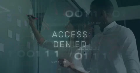 Animation of access denied text, binary codes, diverse coworkers planning Stock Footage 327902180
