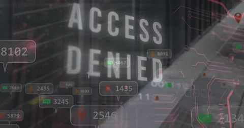 Animation of access denied text, icons, numbers in speech bubble against server Stock Footage 330771405