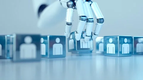 Animation with an advanced robotic arm stacking metallic cubes with men icon. Stock Footage 260901712