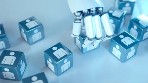 Animation with an advanced robotic arm stacking metallic cubes with men icon. Stock Footage 260901779