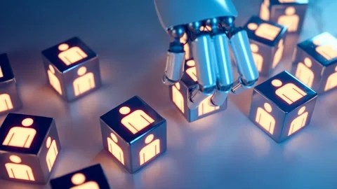 Animation with an advanced robotic arm stacking colorful cubes with men icon Stock Footage 260902059