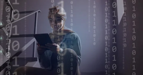 Animation of ai binary coding and data over biracial female student using tablet 動画素材 265552324
