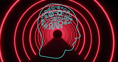 Animation of ai brain with cogs digital data processing over scope on black Stock Footage 310485778