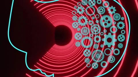 Animation of ai brain with cogs digital data processing over scope on black Video stock 312718348