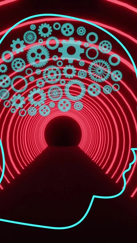 Animation of ai brain with cogs digital data processing over scope on black Stock Footage 320378676