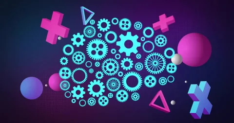 Animation of ai brain network of cogs with 3d shapes rotating on dark background Video stock 263917509