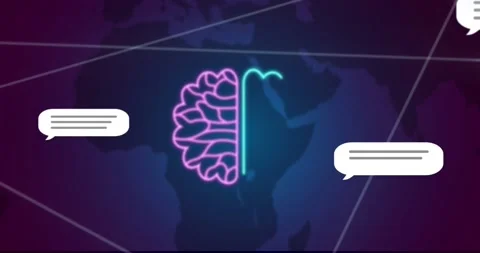Animation of ai chat and data processing over human brain and world map Stock Footage 238416514