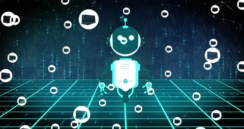 Animation of ai chat bot and icons over binary coding background Stock Footage 328161450