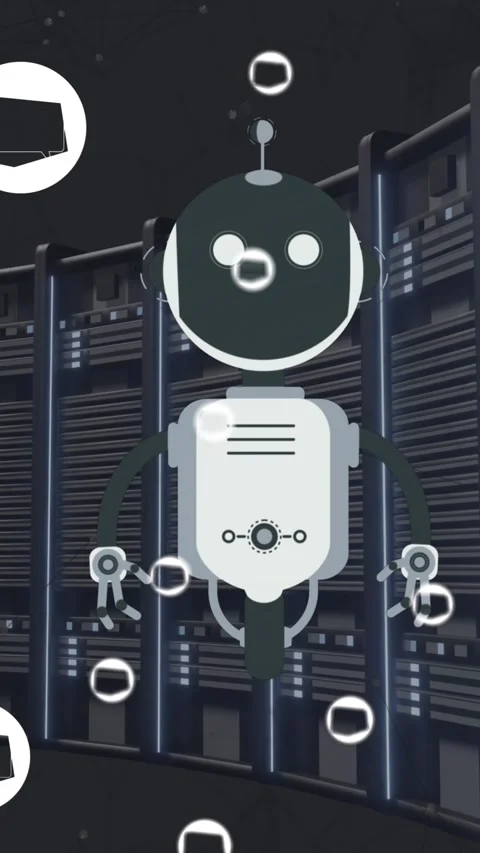Animation of ai chat bot and icons over computer server background Stock Footage 342910665