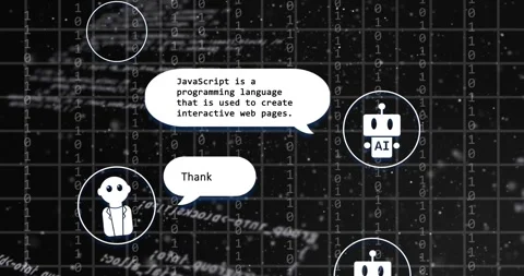 Animation of ai chat interface, grid pattern and computer language over black Stock Footage 257103691