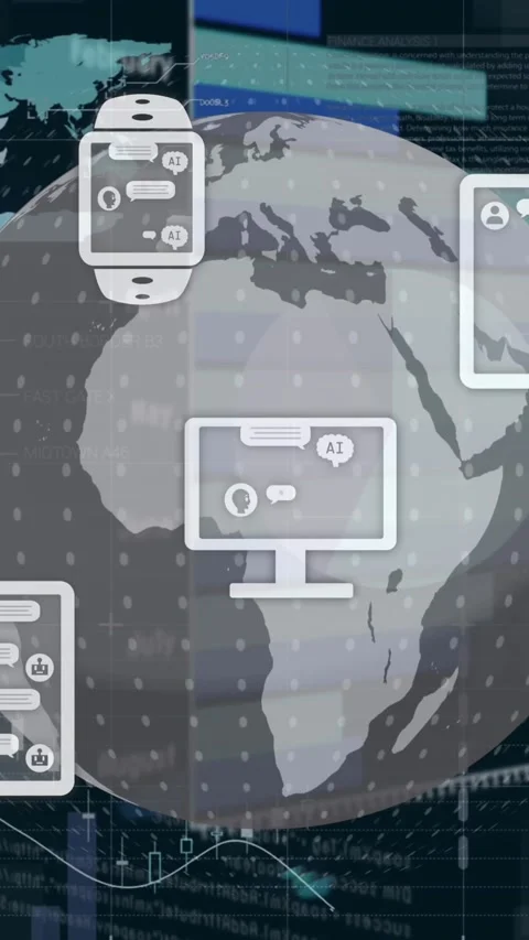 Animation of ai data, chat, statistics and icons over globe and binary coding 스톡 동영상 343609062