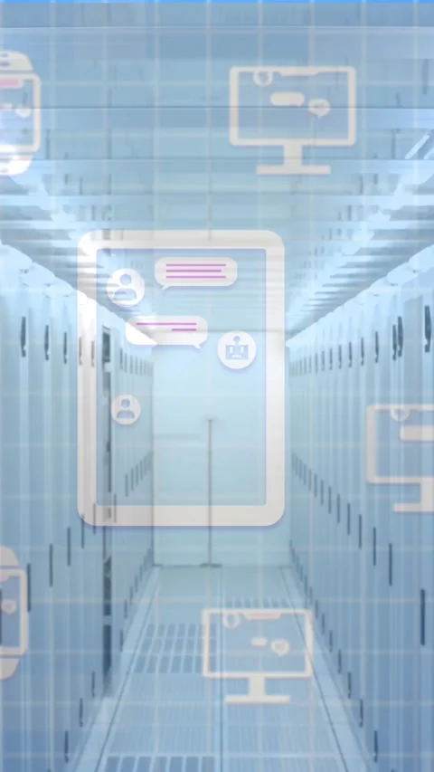 Animation of ai data processing with ai icons over computer servers Stock Footage 343640947