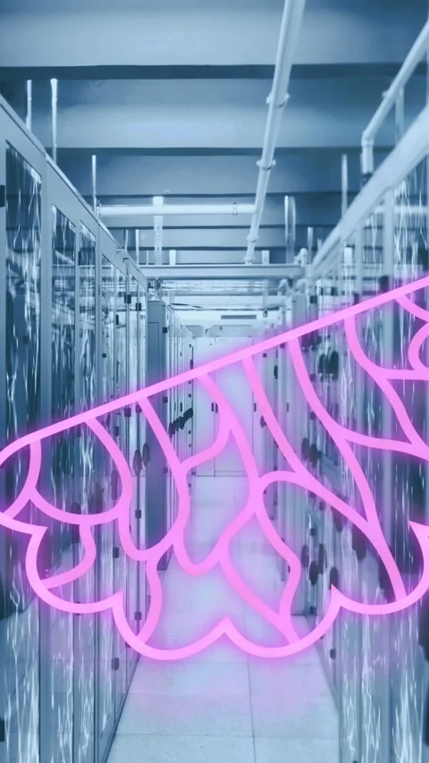 Animation of ai data processing and networks over computer server room Stock Footage 320759117