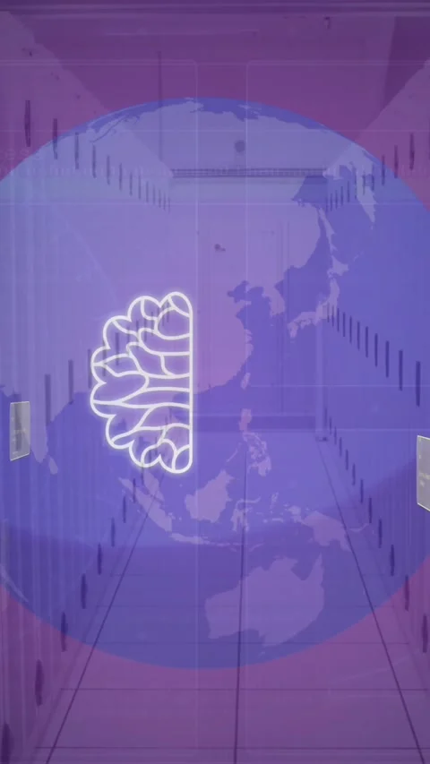 Animation of ai data processing and icons over globe and computer servers Stock Footage 343609069