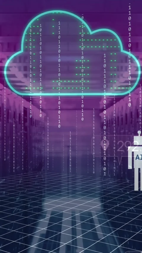 Animation of ai data processing and people icons over server room, cloud and Stock Footage 343640987