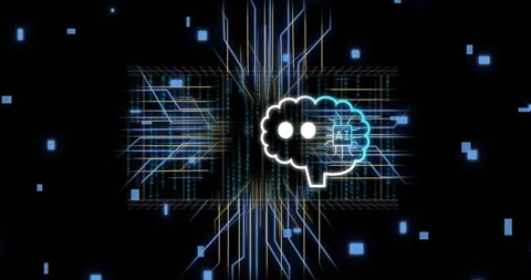 Animation of ai data processing over brain and computer circuit board Stock Footage 310487961
