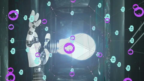 Animation of ai data processing over robot's arm and lightbulb dark background Stock Footage 312421597