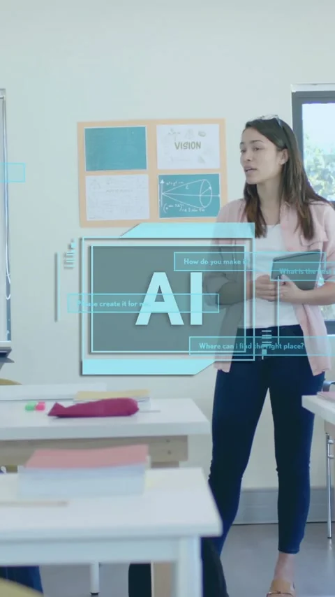 Animation of ai data processing over diverse students at school Stock Footage 323781959