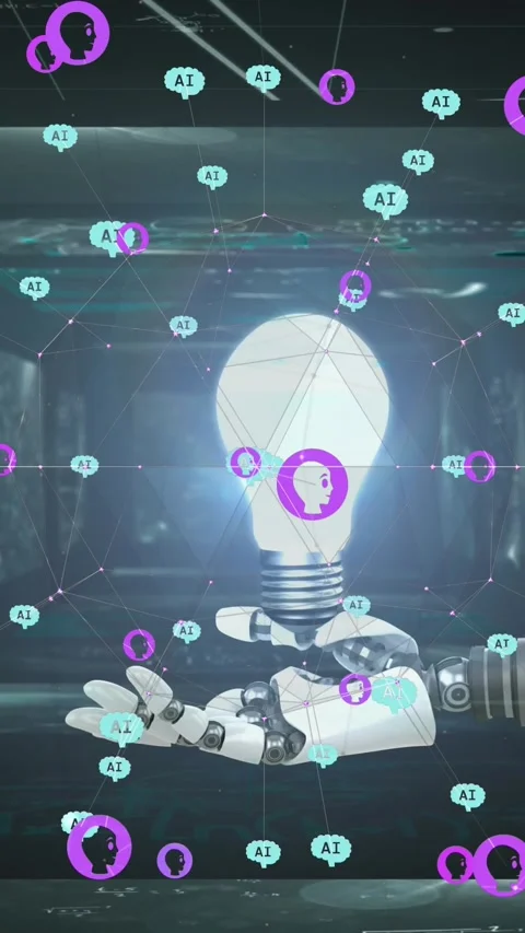 Animation of ai data processing over robot's arm and lightbulb dark background Stock Footage 323897332