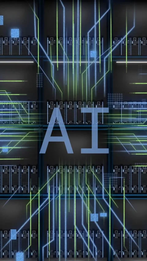 Animation of ai digital data processing and text over computer servers Stockbeeldmateriaal 320589672